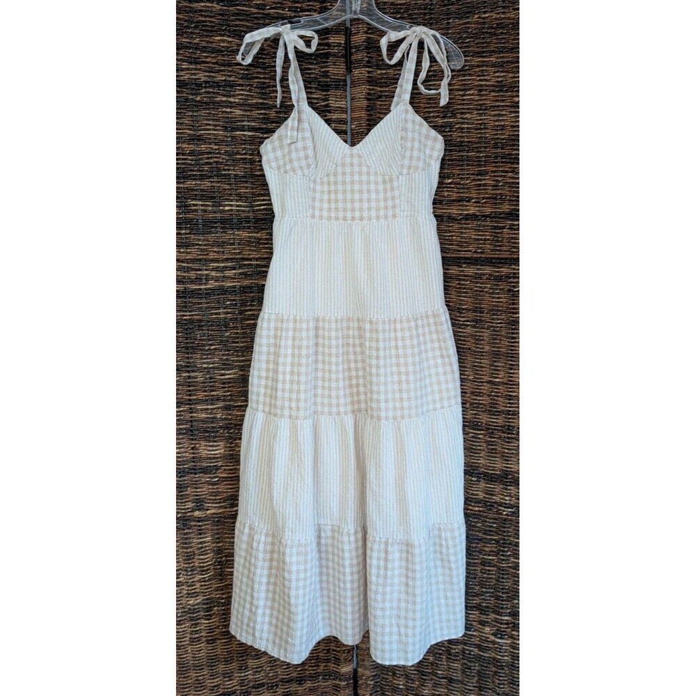 Lost And Wander Linen Gingham Babydoll Smocked Tiered Maxi Dress Women's Medium